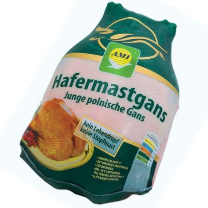 Bild von Polnische Hafermastgans 4000g/Stk. einzeln vak. mit der Beschreibung Kein Lebendrupf & keine Stopfmast. Mit Hals & Innerein, gefroren.