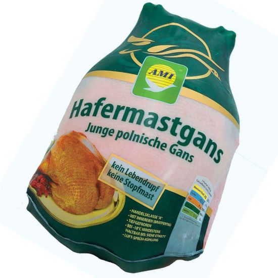 Bild von Polnische Hafermastgans 4000g/Stk. einzeln vak. mit der Beschreibung Kein Lebendrupf & keine Stopfmast. Mit Hals & Innerein, gefroren.