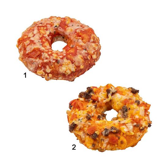 Bild von Pizza Donut Mischkiste 2-fach sortiert, 100g mit der Beschreibung Tomate-Basilikum & Cheeseburger Style, ferti gebacken