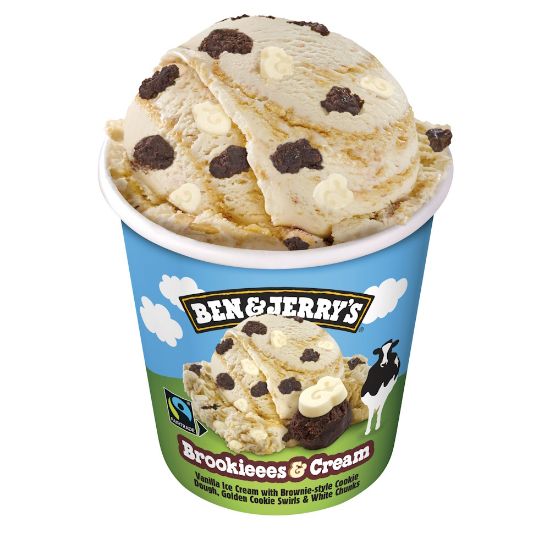 Bild von BJ Brookieees & Cream 465 ml mit der Beschreibung Vanille-Eiscreme mit Kakao Cookieteig-Stücken und zartschmelzenden weißen &Zeichen