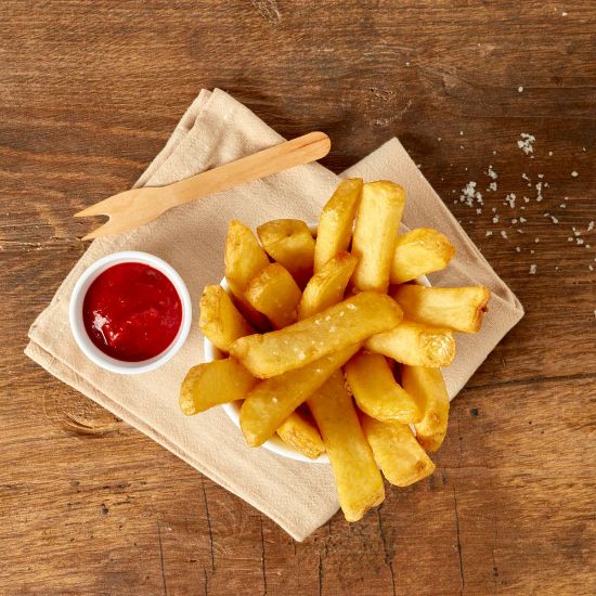 Bild von Coated Pommes Steak Fries mit Schale mit der Beschreibung m.extra knuspiger Ummantelung, vorblanchiert & durch Coating lange heiß & knusprig