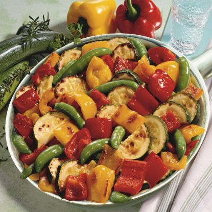 Bild von FRoSTA Grill-Pfannengemüse Mediterran, veget. mit der Beschreibung Gelber und goter Paprika, Peperoni, Zuckerschoten, Zucchini