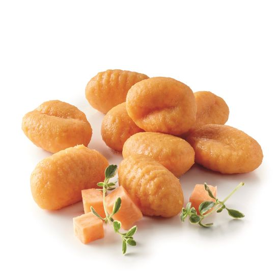 Bild von Süßkartoffel Gnocchis mit der Beschreibung  Aus Süßkartoffel- und Karottenpüree mit feinen Gewürzen.