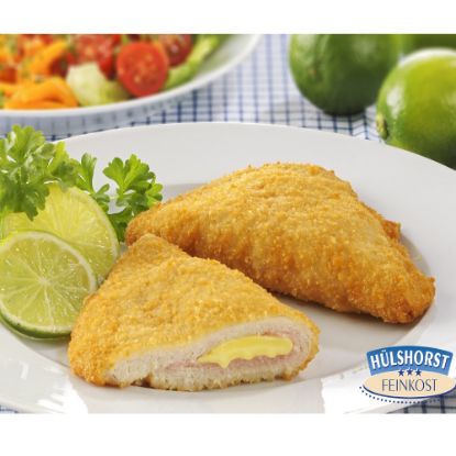 Bild von Cordon Bleu vom Schwein 140g, gewürzt, paniert & gebraten mit der Beschreibung gefüllt mit zartschmelzendem Gouda & gekochtem Hinterschinken und knuspriger Panade umhüllt.