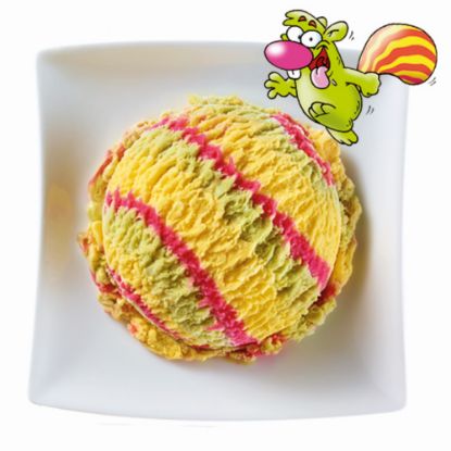 Bild von Eisgenuss Schmeckerfatz 5 L mit der Beschreibung Birnen und Vanilleeis mit Erdbeersauce, mit Farbstoffen