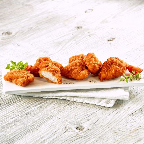 Bild von TIFA Chicken-Crossis ca.25g/Stück mit der Beschreibung Zarte, saftige Hähnchenbrustfiletstücke, flüssig gewürzt & umhüllt mit roter,knuspriger Panade.