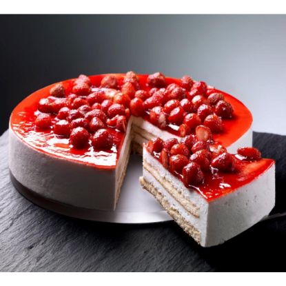 Bild von Mousse Cheesecake Monterosa ø24cm/1300g mit der Beschreibung Käsecreme-Torte mit Erdbeeren,  in 12 Stk vorgeschnitten