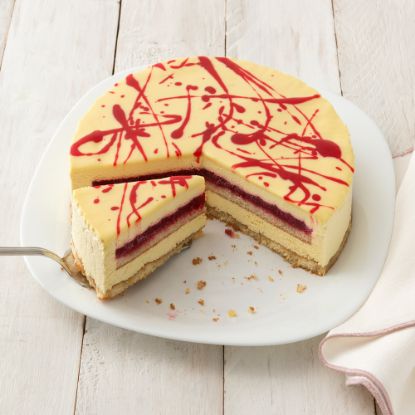 Bild von Lamponi e Passion Fruit  Ø24cm mit der Beschreibung Himbeer-Maracuja-Torte mit weißer Schokolade, ungeschnitten
