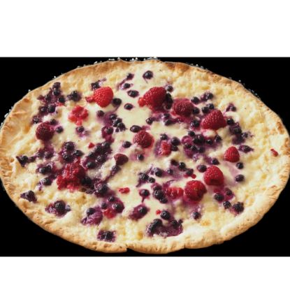 Bild von Gourmet Flammkuchen Beerentraum oval, 310g mit der Beschreibung Mit Flammkuchencreme, Himbeeren,Heidelbeeren & echter Bourbonvanille belegt und vorgebacken.