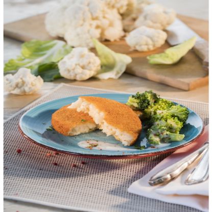 Bild von TIFA Blumenkohl-Käse-Knuspermedaillon 145g mit der Beschreibung Medaillon aus Blumenkohl mit herzhaftem Gouda, umhüllt von einer Knusperpanade.