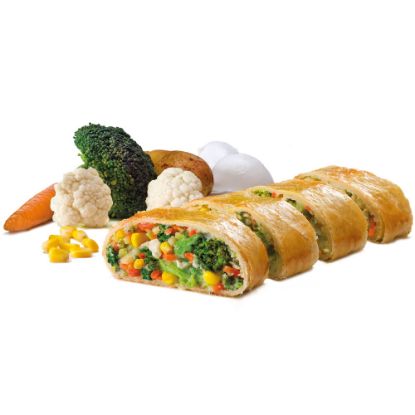 Bild von PAN Gemüsestrudel 160g, fertig gebacken mit der Beschreibung Herzhafter Strudel mit schmackhaftem Gemüse und Mozzarella gefüllt und mit einem dünnen Teig umhüllt