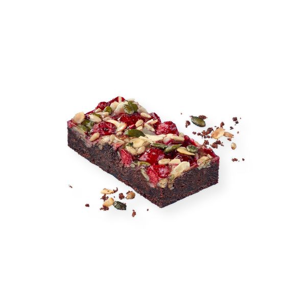 Bild von Brownie mit Himbeeren mit der Beschreibung in 12 Stk.vorgeschnitten