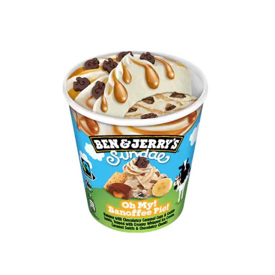 Bild von Sundae Oh My! Banoffee Pie! 427ml Becher mit der Beschreibung Bananeneis mit Kakaoglasur durchzogen von Karamelldrops und Keksstrudel