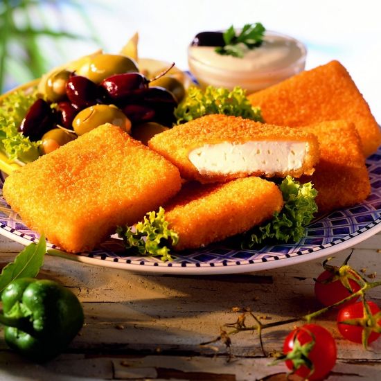 Bild von Original Griechischer Feta Käse 75g,paniert mit der Beschreibung Aus Schafs- und Ziegenmilch, mind. 43% Fett i.Tr., paniert & vorgebacken
