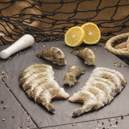 Bild von Black Tiger Garnelen "Easy Peel"13/15 mit der Beschreibung ohne Kopf,mit angeschlizter Schale - leicht zu "pulen".Ideal zum Grillen,für Salate & Nudelgerichte